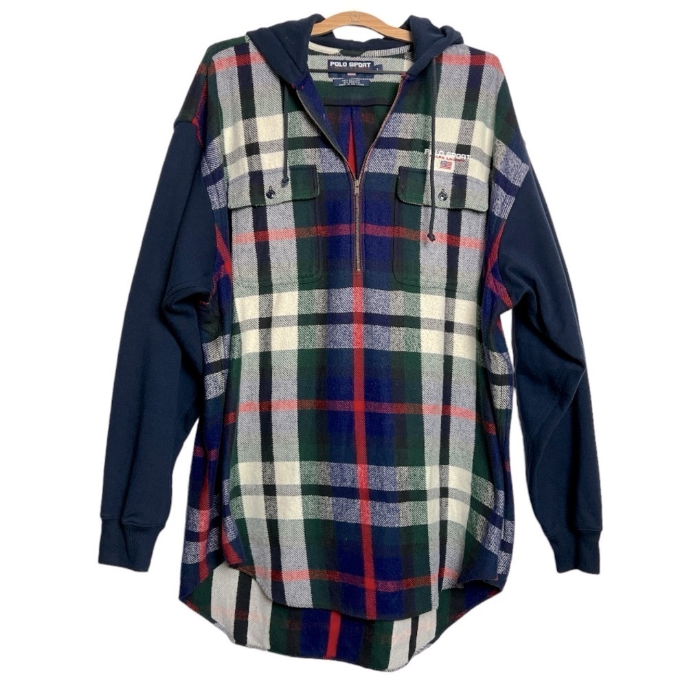 Vintage 90’s Polo Sport Ralph Lauren Big Plaid Flannel Pullover Hoodie Large
